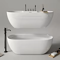 Modern Freestanding White Bathtub With Black Faucet Wooden Tray Bath Essentials And Slippers
