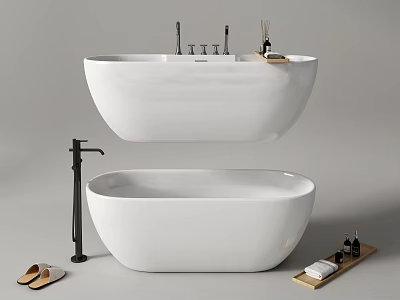 Modern Freestanding White Bathtub With Black Faucet Wooden Tray Bath Essentials And Slippers 3d model