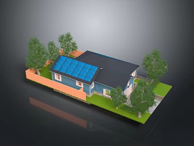Cartoon Scene of a Blue House With Solar Panels Trees and Green Grass 3d model