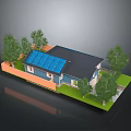 Cartoon Scene of a Blue House With Solar Panels Trees and Green Grass