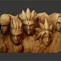 Wooden Sculpture Carving with Multiple Human Faces and Intricate Wood Grain Details