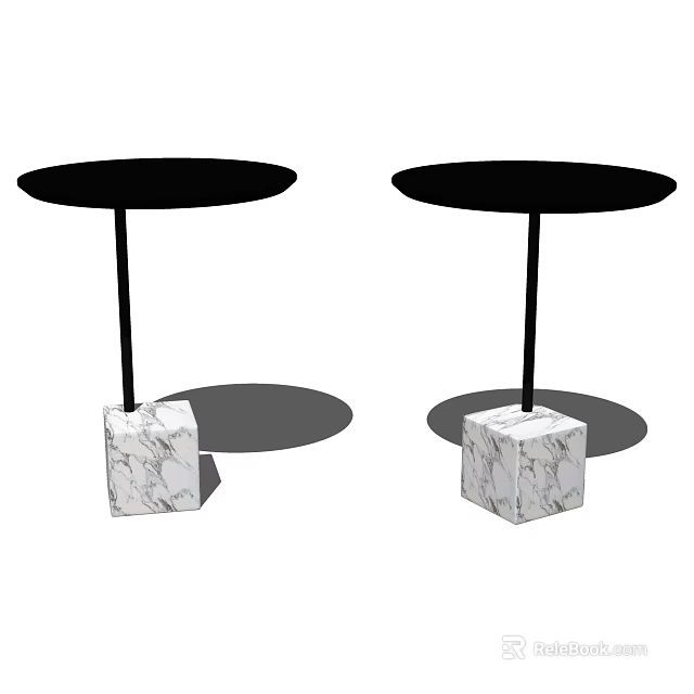Two Modern Coffee Tables With Black Round Top And White Marble Cube Base 3d model
