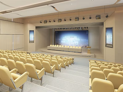 Large Conference Room Featuring Neatly Arranged Seats Stage Large Screen And Lighting Equipment 3d model