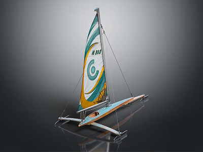 Modern Catamaran Sailboat Featuring Green Yellow White Sail With C And ANNO Logo Wooden Hull 3d model
