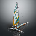 Modern Catamaran Sailboat Featuring Green Yellow White Sail With C And ANNO Logo Wooden Hull