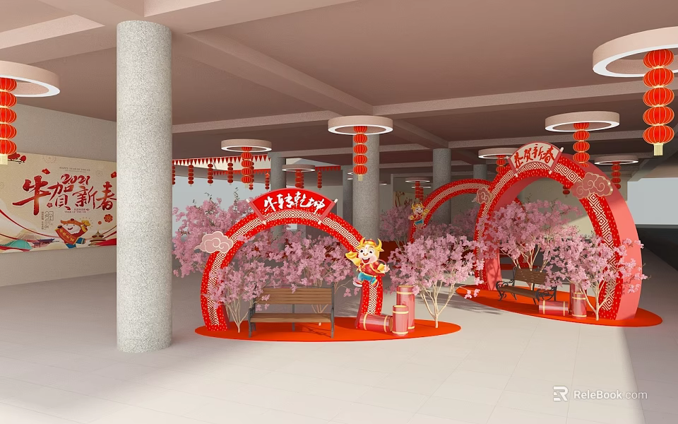 Festive Event Entrance With Red Cherry Blossom Arch Lanterns And Cartoon Figure Celebrating New Year 3d model 