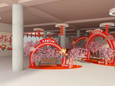 Festive Event Entrance With Red Cherry Blossom Arch Lanterns And Cartoon Figure Celebrating New Year 3d model