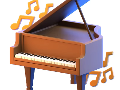 Classic Brown Piano Musical Instrument with Orange Music Notes and Art Supplies 3d model