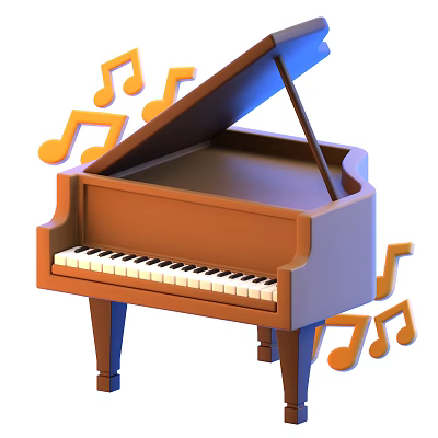 Classic Brown Piano Musical Instrument with Orange Music Notes and Art Supplies 3d model