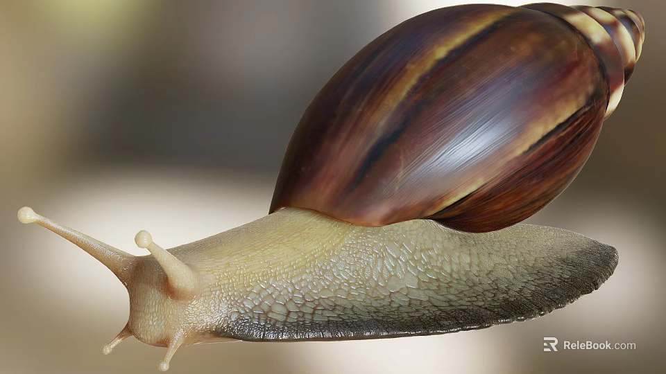 Close Up Of Reptile Snail With Brown Striped Shell And Slimy Body 3d model 