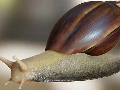 Close Up Of Reptile Snail With Brown Striped Shell And Slimy Body 3d model