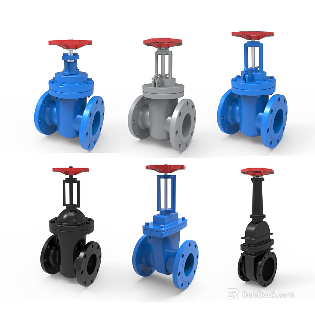 Multiple Gate Valves In Different Colors Blue Gray Black With Red Handles 3d model
