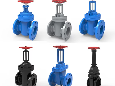 Multiple Gate Valves In Different Colors Blue Gray Black With Red Handles 3d model