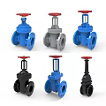 Multiple Gate Valves In Different Colors Blue Gray Black With Red Handles 3d model