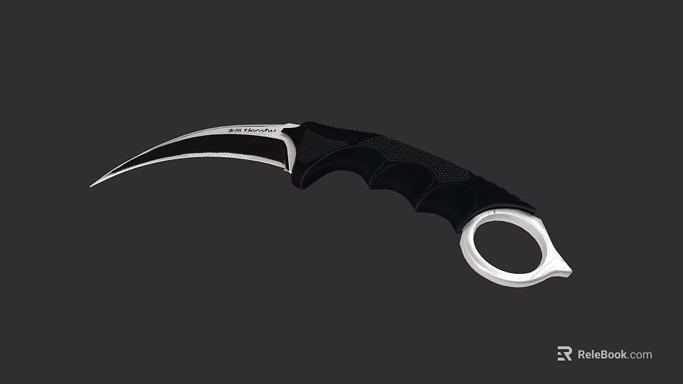 Tactical Combat Weapon With Curved Blade Black Anti Slip Handle And Ring Pommel 3d model 