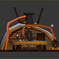 Cartoon Bar Scene With Wooden Counter Round Stools Barrels Chimney And Decorative Lights