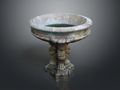 Antique Decorative Stone Basin With Intricate Carvings And Mythical Creature Base 3d model