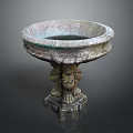 Antique Decorative Stone Basin With Intricate Carvings And Mythical Creature Base