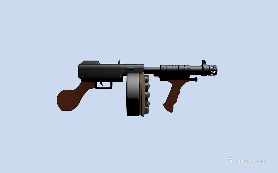 Action Game Movie Character Wielding Black Submachine Gun With Drum Magazine 3d model 