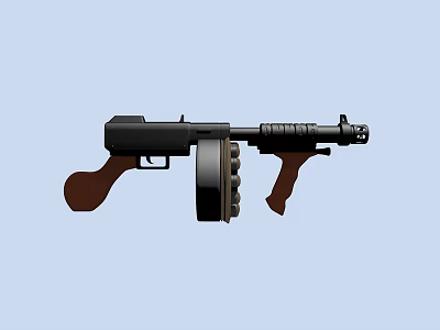 Action Game Movie Character Wielding Black Submachine Gun With Drum Magazine 3d model