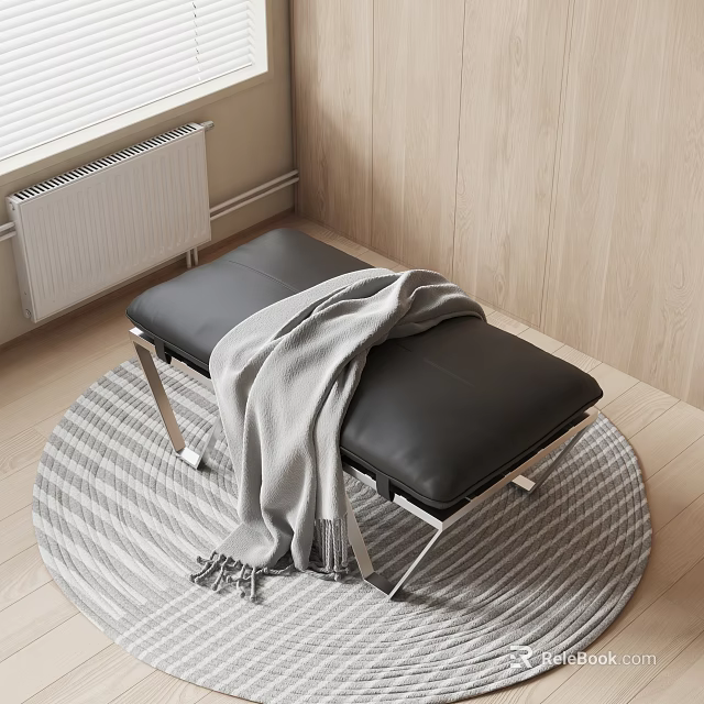 Black Leather Bench With Gray Blanket On Round Striped Rug Wooden Wall 3d model 