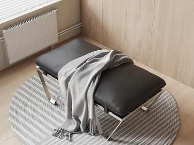 Black Leather Bench With Gray Blanket On Round Striped Rug Wooden Wall 3d model