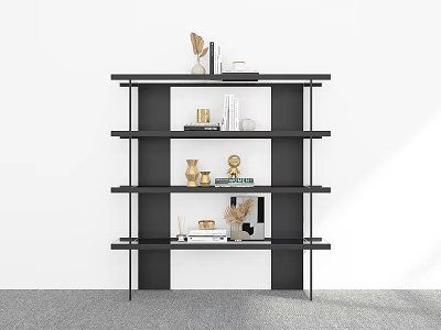 Black Tiered Bookshelf With Decorative Vases Books Sculptures On White Wall Gray Carpet 3d model