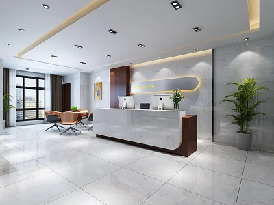 Modern Office Reception Area With Marble Desk Chairs Potted Plants And Lighting 3d model