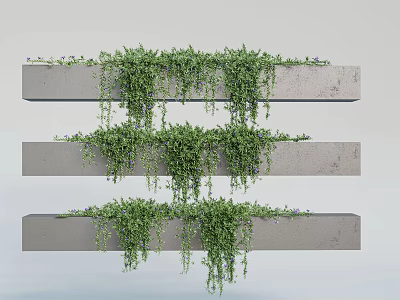 Vines Hanging From Three Concrete Shelves With Lush Green Foliage 3d model