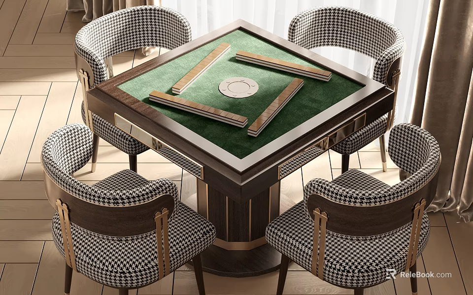 Dark Wooden Mahjong Entertainment Table Featuring Green Tabletop Checkered Chairs And Golden Accents 3d model 