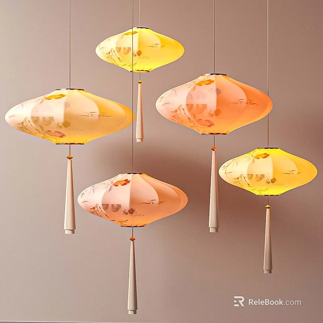 Colorful Hanging Lanterns With Floral Patterns And Tassels On Beige Background 3d model 