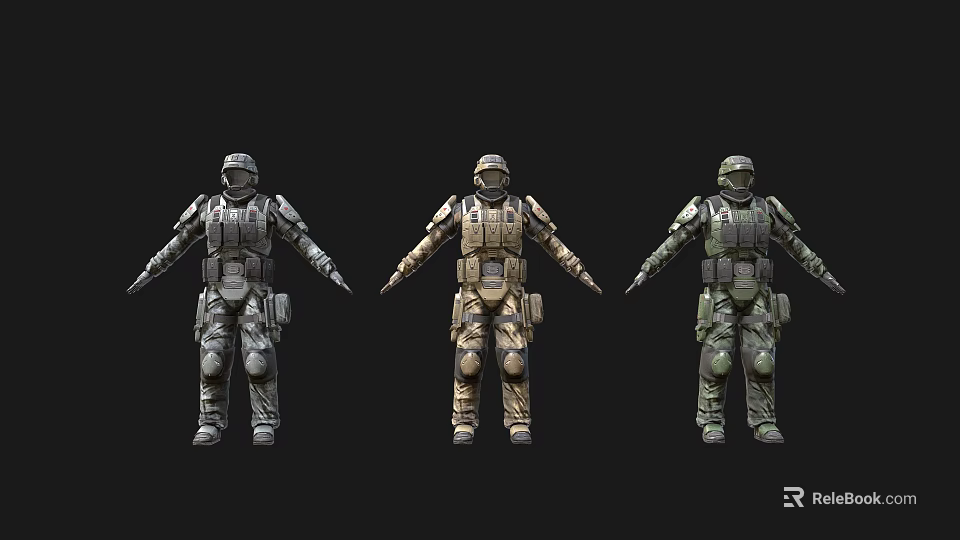 Three Soldier Figures Displaying Different Camouflage Tactical Military Gear And Armor 3d model 