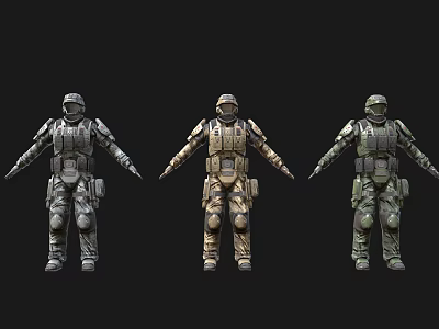 Three Soldier Figures Displaying Different Camouflage Tactical Military Gear And Armor 3d model