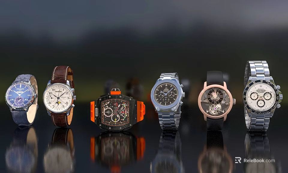 Luxury Wrist Watches Display With Leather Metal Straps And Unique Dials 3d model 