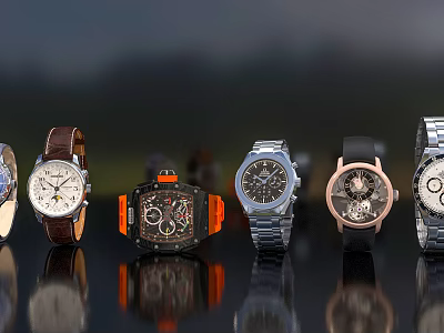 Luxury Wrist Watches Display With Leather Metal Straps And Unique Dials 3d model