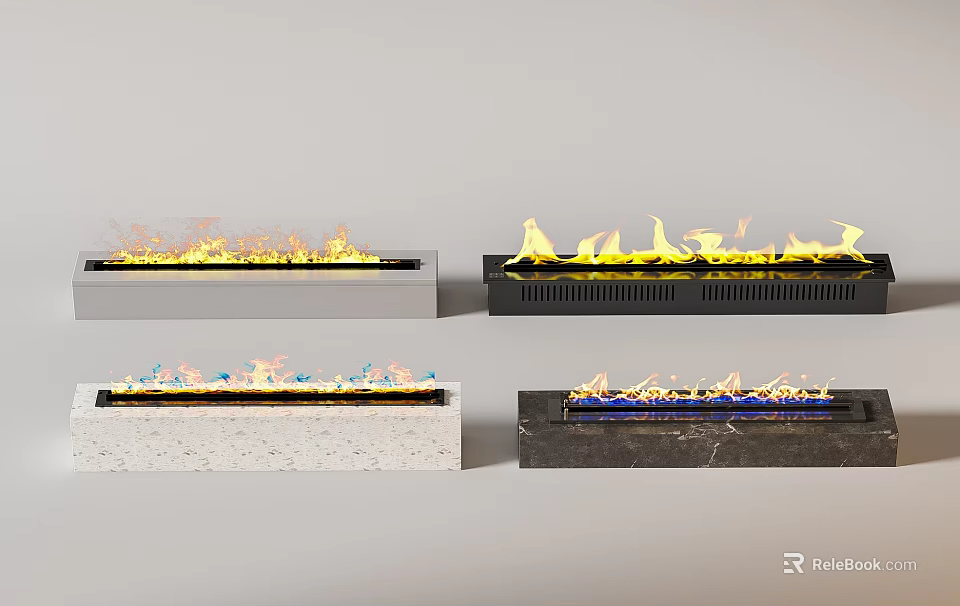 Modern Fireplace Interior Design With Marble Metal Bases And Colorful Flames 3d model 