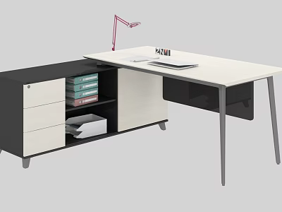 Modern Office Desk With White Tabletop Black Beige Cabinets Red Lamp Books And Tablet 3d model