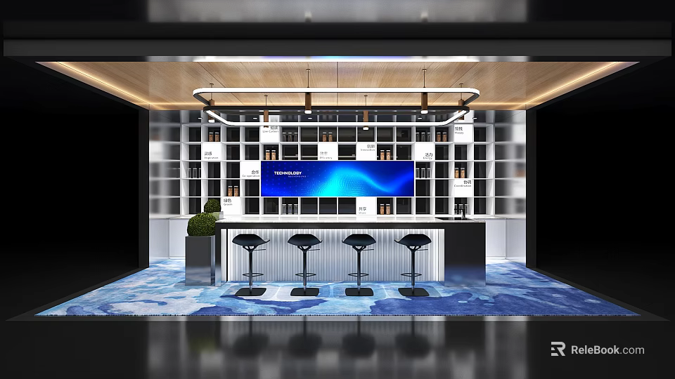 Modern Break Room Design With Bar Counter High Stools Wall Cabinets Blue Screen Green Plant 3d model 