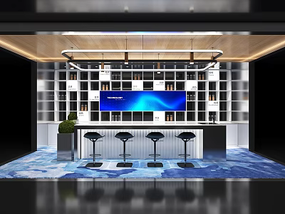 Modern Break Room Design With Bar Counter High Stools Wall Cabinets Blue Screen Green Plant 3d model
