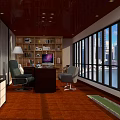 Modern Office Interior With Dark Wooden Desk Gray Chair Bookshelf And Abstract Wall Art