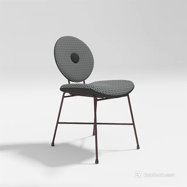 Modern Dining Chair Featuring Circular Backrest Gray Checkered Upholstery And Dark Metal Legs 3d model 