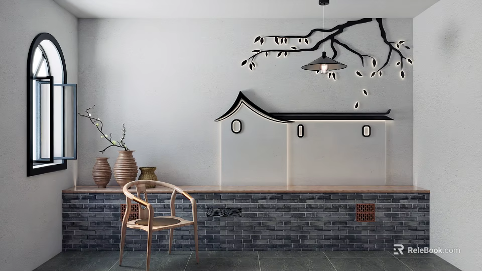 Traditional Chinese Leisure Chair Interior With Clay Pots And Branch Pendant Light 3d model 