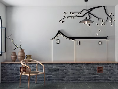 Traditional Chinese Leisure Chair Interior With Clay Pots And Branch Pendant Light 3d model