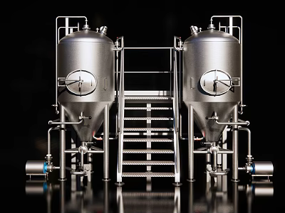 Industrial Equipment Stainless Steel Fermentation Tanks With Metal Stairs Piping And Pumps For Industrial Production 3d model
