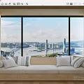 Modern Banquette Sofa With Cushions By Large Windows Overlooking City View