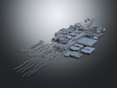 Futuristic Mechanical Structure Models With Platforms Pipes And Circular Modules On Gray Background 3d model