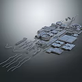Futuristic Mechanical Structure Models With Platforms Pipes And Circular Modules On Gray Background