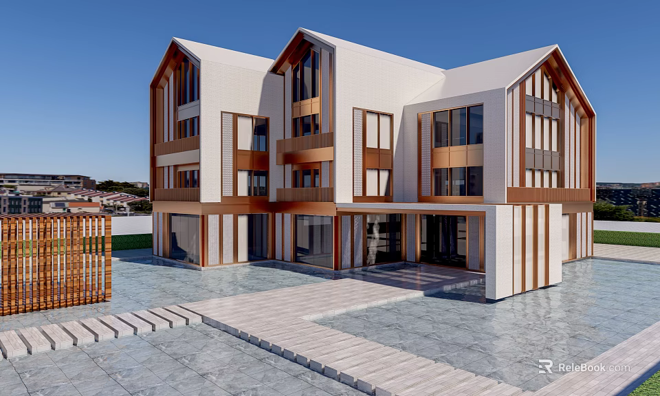 Modern School Building With White And Wooden Facade Large Windows And Stone Path Entrance 3d model 