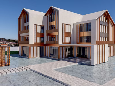 Modern School Building With White And Wooden Facade Large Windows And Stone Path Entrance 3d model