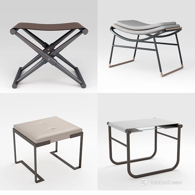 Different Styles of Modern Stools with Metal Frames and Upholstered Seats 3d model 